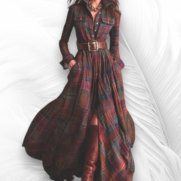 Plaid Long Sleeve Maxi Shirt Dress With Belt – Brown Navy Red - Picture 1 of 11